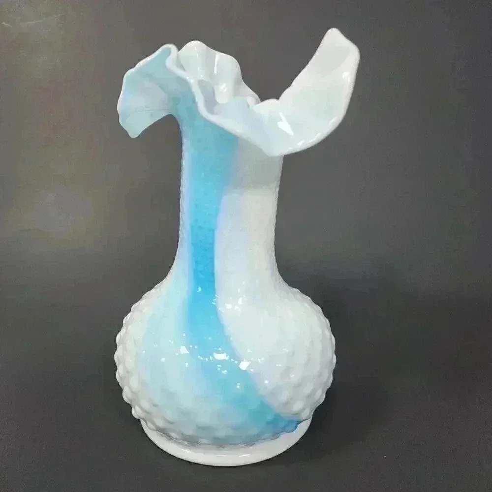 Vtg Kanawha Glass Hobnail 8.5" Vase Hand Blown Ruffled White/Turquoise Swirl